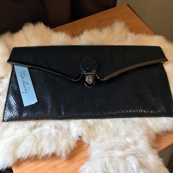 Kate Landry Handbags - Clutch Purse Black Faux Snakeskin Kate Landry
